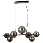 Lampa wisząca Canello 7-punktowa w kolorze czarnego chromu i dymionych szklanych kul. Siedem kul umieszczonych na prostokątnym stelażu, zwisająca na cienkich linkach. Nowoczesny design, idealna do eleganckich wnętrz.