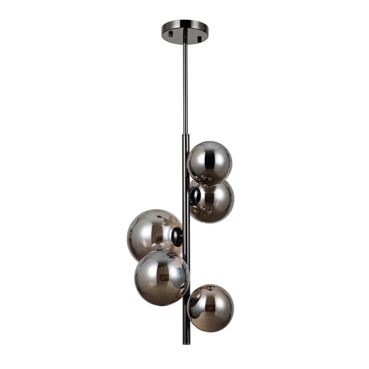 Lampa wisząca Canello 5-punktowa w kolorze czarnym chromie z dymionymi kloszami. Posiada pięć kulistych elementów o lustrzanej powierzchni, zawieszona na cienkiej rurze. Kształt nowoczesny, idealna do stylowych wnętrz.