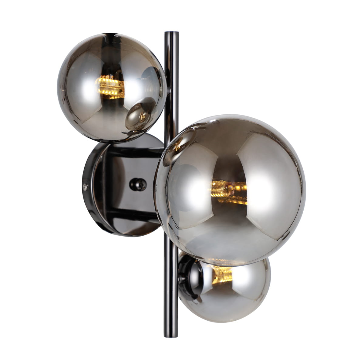 Kinkiet Canello 3-punktowy w kolorze czarnym chrom z dymionymi kulami. Ułożony pionowo, z trzema szklanymi kulami na metalowej podstawie. Oświetlenie idealne do nowoczesnych wnętrz.