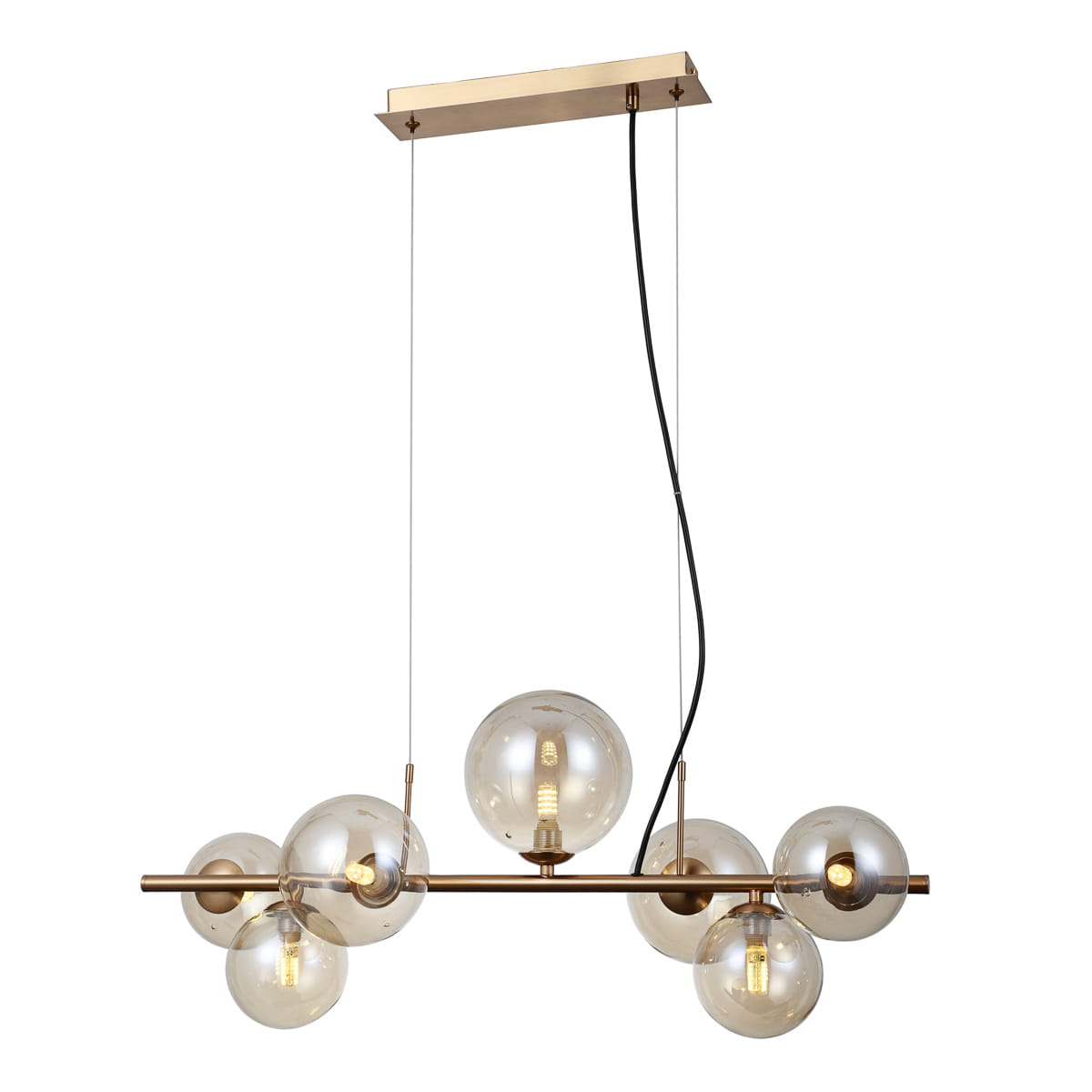 Lampa wisząca Canello 7-punktowa w kolorze mosiądzu i bursztynu, z sześcioma szklanymi kulami na metalowej konstrukcji. Ujęcie frontalne, wisząca, z widocznym przewodem zasilającym. Idealna do nowoczesnych wnętrz.