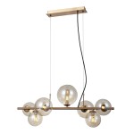 Lampa wisząca Canello 7-punktowa w kolorze mosiądzu i bursztynu, z sześcioma szklanymi kulami na metalowej konstrukcji. Ujęcie frontalne, wisząca, z widocznym przewodem zasilającym. Idealna do nowoczesnych wnętrz.