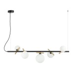 Lampa wisząca Reverso 5-punktowa w czarnym i złotym kolorze. Posiada prostą, poziomą konstrukcję z pięcioma białymi kulistymi kloszami i złotymi detali, zawieszona na cienkim przewodzie. Idealna do nowoczesnych wnętrz.
