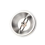 Żarówka LED AR111 GU10 o mocy 10,5W, barwie 4000K, w srebrnej i białej obudowie. Widok z góry, z odbłyśnikiem, który podkreśla właściwości świetlne. Okrągły kształt, z centralnym mocowaniem.