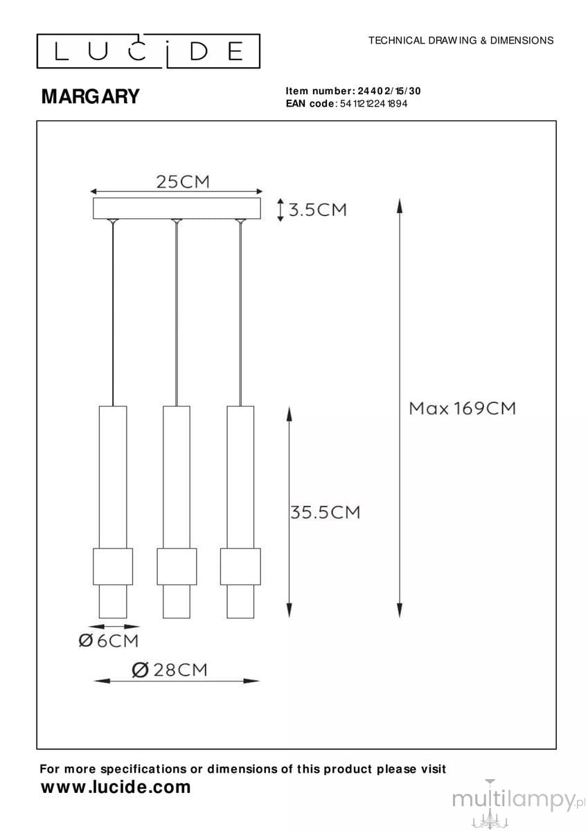 Czarna lampa wisząca Margary z trzema punktami świetlnymi. Osłony o średnicy 6 cm zawieszone na regulowanych linkach do 169 cm. Górna część o wymiarach 25 x 3.5 cm. Nowoczesny design, idealna do wnętrz.