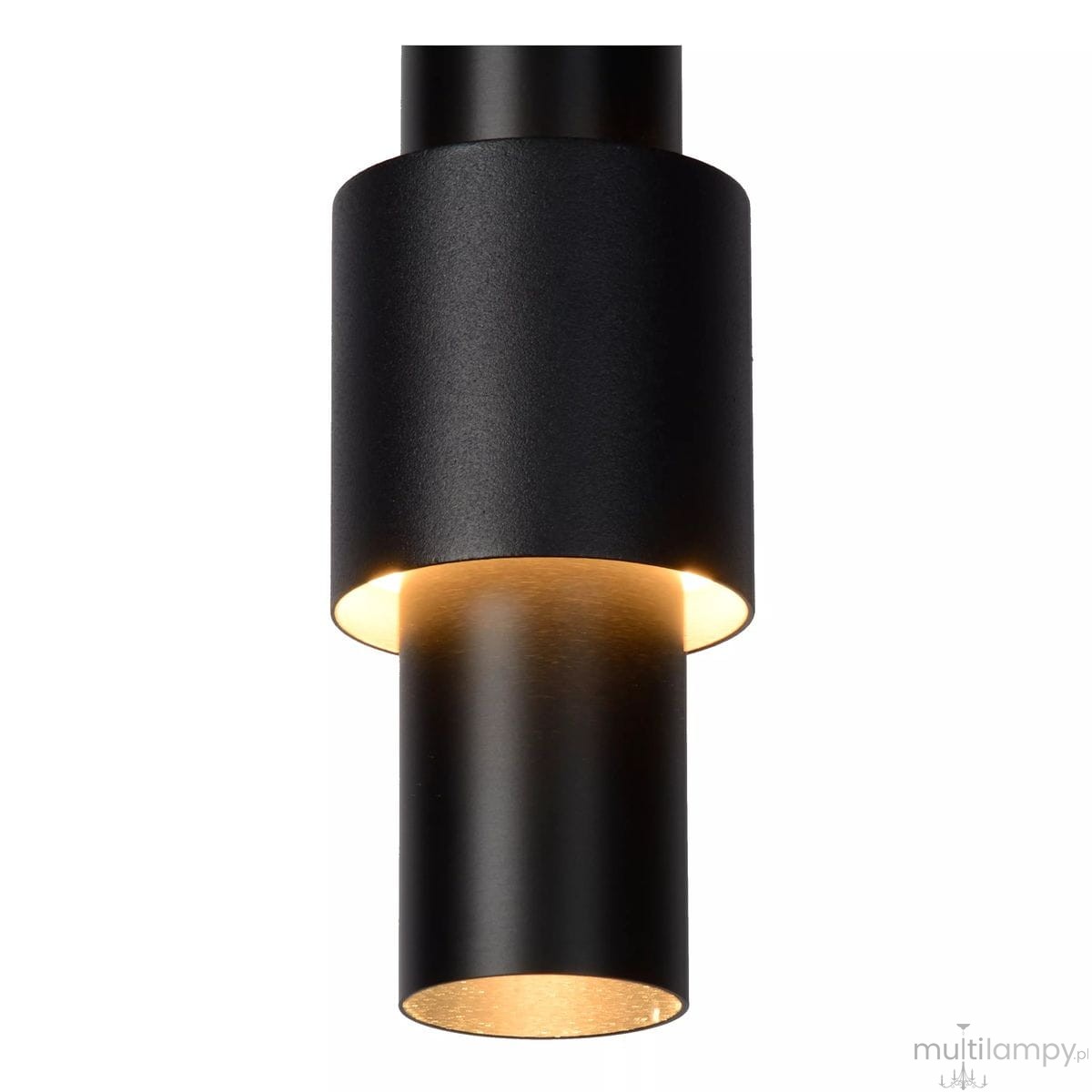 Czarna lampa wisząca Margary LED 3-punktowa, z cylindrycznym kloszem. Widok z dołu, ukazujący górny i dolny element lampy z oświetleniem skierowanym w dół. Matowa struktura, minimalistyczny design.