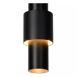 Czarna lampa wisząca Margary LED 3-punktowa, z cylindrycznym kloszem. Widok z dołu, ukazujący górny i dolny element lampy z oświetleniem skierowanym w dół. Matowa struktura, minimalistyczny design.