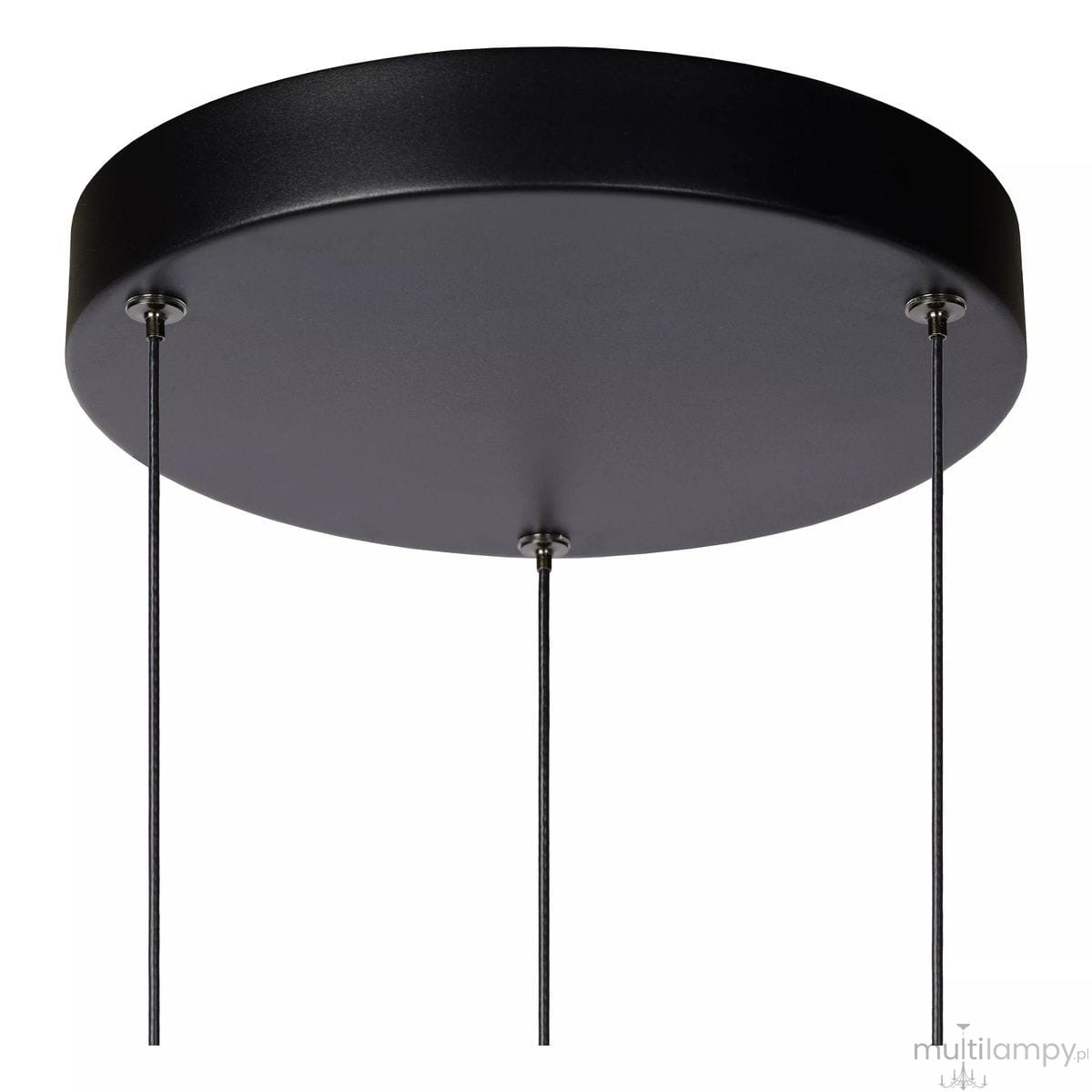 Czarna, okrągła podsufitka lampy wiszącej Margary LED z trzema przewodami. Metaliczna, matowa powierzchnia. Widoczne mocowania na końcach przewodów. Prosta konstrukcja, idealna do nowoczesnych wnętrz.
