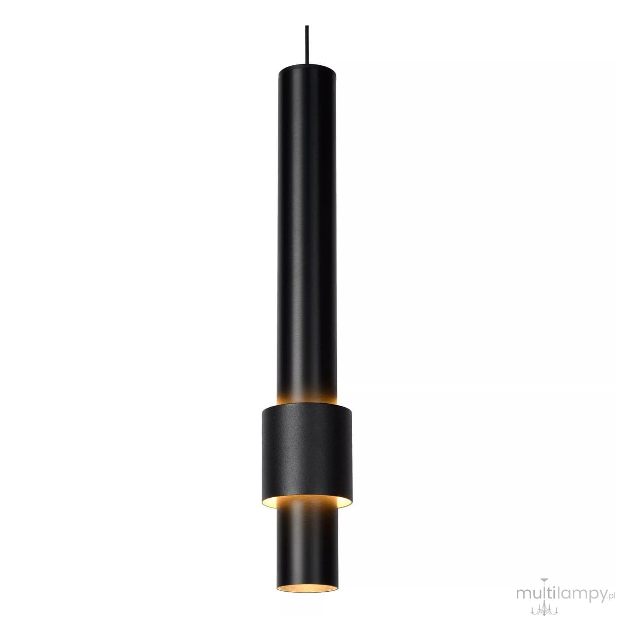 Czarna lampa wisząca Margary LED 3-punktowa, składająca się z trzech cylindrycznych elementów o matowej fakturze. Ujęcie frontalne, produkt zawieszony na cienkim przewodzie, z widocznym podświetleniem w dolnej części.