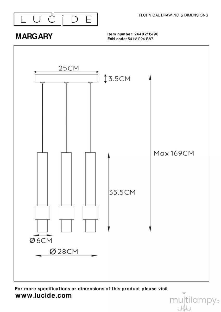 Brązowa i złota lampa wisząca Margary z trzema punktami świetlnymi. Wymiary: wysokość maks. 169 cm, średnica 28 cm. Lampa zawieszona na trzech regulowanych linkach, z prostokątnym stelażem o wymiarach 25 cm x 3,5 cm.