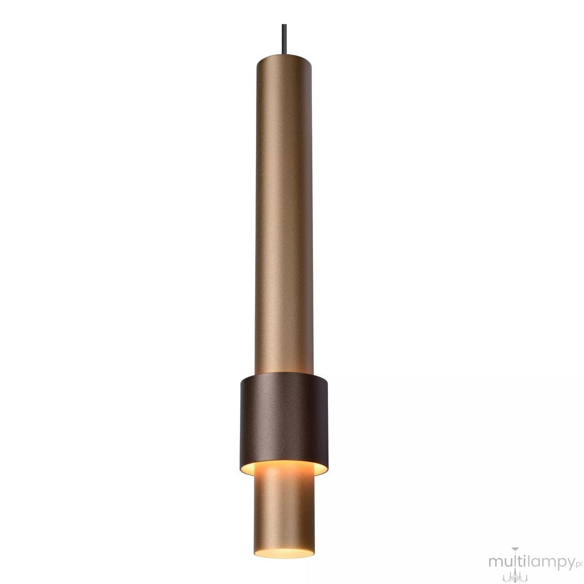 Brązowa i złota lampa wisząca Margary LED w formie trzech cylindrów. Górny element w kolorze złotym, dolny brązowy z podświetleniem. Lampa zawieszona pionowo na czarnym przewodzie, na jednolitym tle, idealna do nowoczesnych wnętrz.