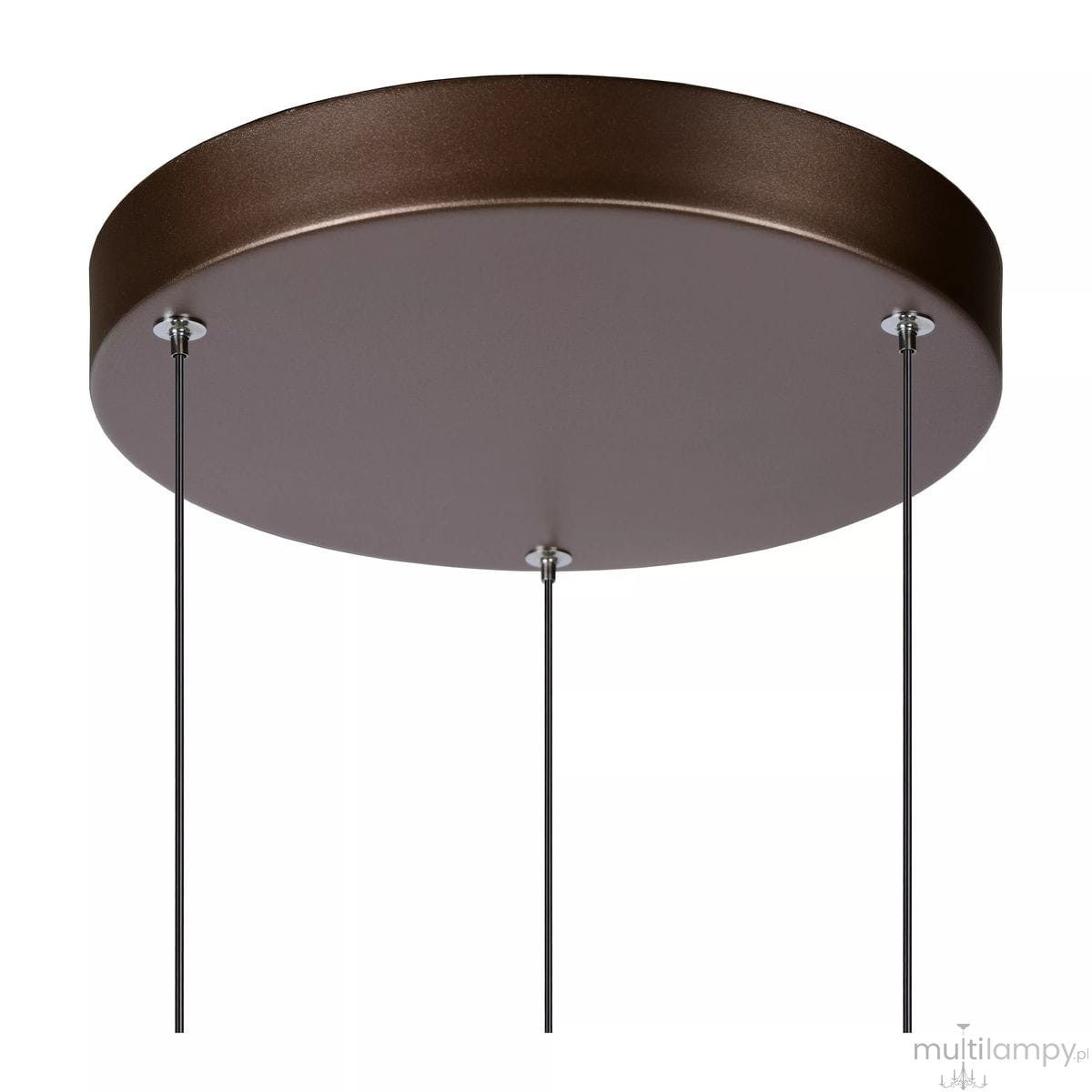 Brązowa lampa wisząca Margary LED z trzema punktami świetlnymi. Okrągła podsufitka z matowym wykończeniem, zawieszona na dwóch cienkich czarnych linkach. Idealna do nowoczesnych wnętrz, zapewnia eleganckie oświetlenie.