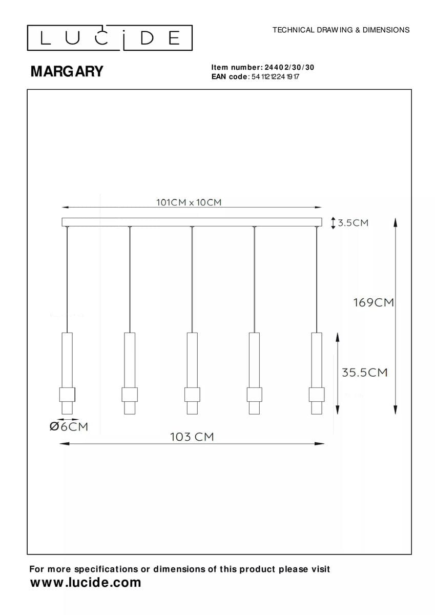 Czarna lampa wisząca Margary LED z pięcioma punktami świetlnymi, z prostokątnym stelażem o wymiarach 101 cm x 10 cm. Zawieszenie o wysokości 169 cm, z cylindrycznymi kloszami o średnicy 6 cm, idealna do nowoczesnych wnętrz.
