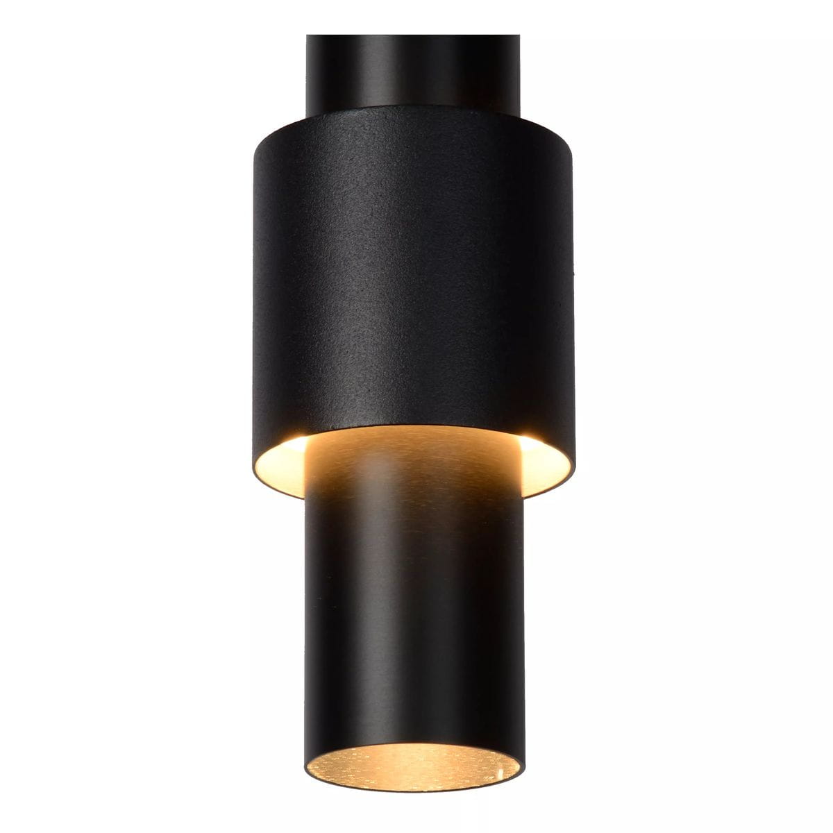 Czarna lampa wisząca Margary LED, pięciopunktowa, z cylindrycznymi kloszami, zamontowana na długim, prostym stelażu. Widoczna struktura matowa, emitująca ciepłe światło z każdej oprawy. Idealna do nowoczesnych wnętrz.
