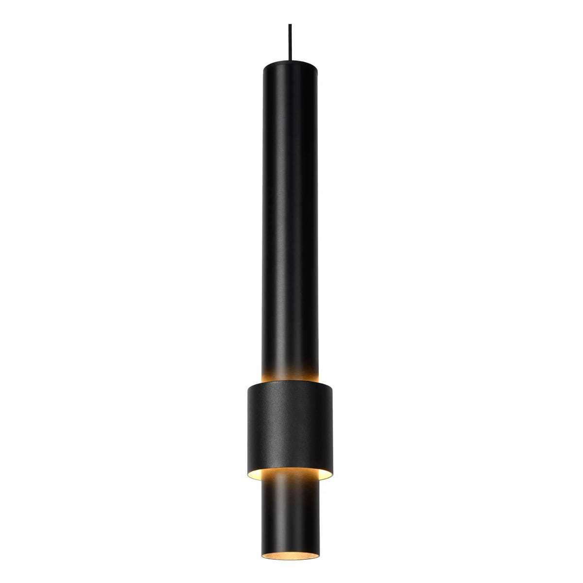 Czarna lampa wisząca Margary LED 5-punktowa, o cylindrycznym kształcie z matowego metalu. Ułożona pionowo, z widocznym podświetleniem w dolnej części. Prosta forma, idealna do nowoczesnych wnętrz. Tło białe, co podkreśla elegancję lampy.