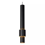 Czarna lampa wisząca Margary LED 5-punktowa, o cylindrycznym kształcie z matowego metalu. Ułożona pionowo, z widocznym podświetleniem w dolnej części. Prosta forma, idealna do nowoczesnych wnętrz. Tło białe, co podkreśla elegancję lampy.