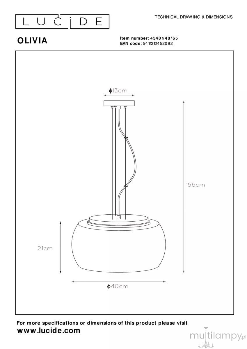 Lampa wisząca Olivia D40 w kolorze czarnym, 3-punktowa. Okrągła podstawa o średnicy 40 cm i wysokości 21 cm, z prostym, wąskim zawieszeniem o długości 156 cm. Elegancki design z minimalistycznymi detalami.