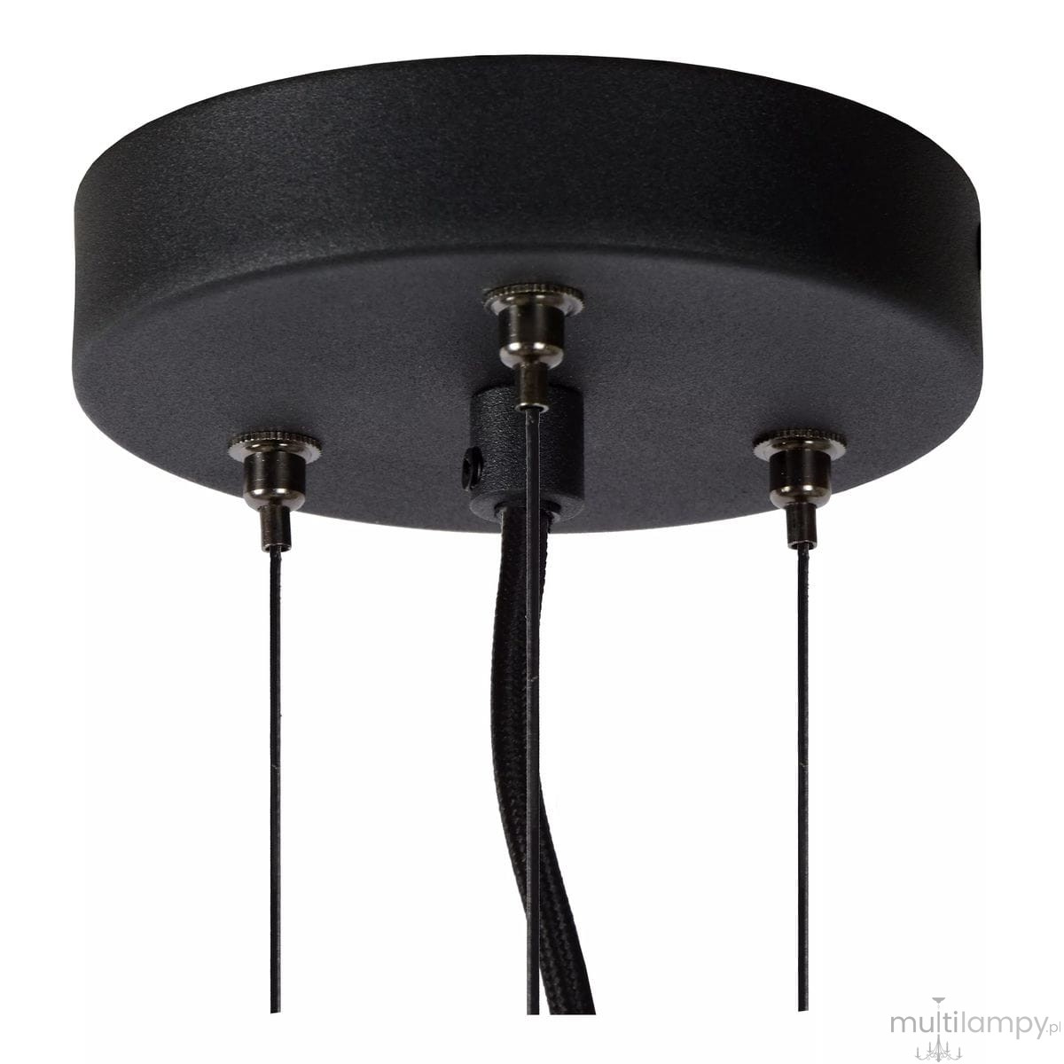 Czarna lampa wisząca Olivia D40 z trzema punktami świetlnymi, widok z dołu. Metalowa podsufitka z trzema mocowaniami i przewodami w oplocie, umieszczona na jednolitym tle.