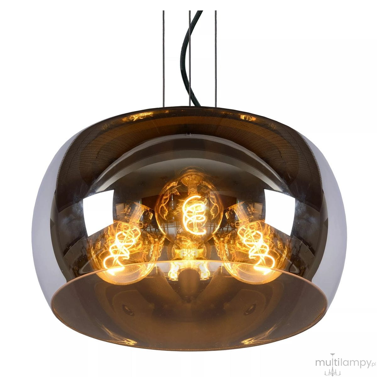 Czarna lampa wisząca Olivia D40 z trzema punktami świetlnymi. Okrągła, szklana konstrukcja z przezroczystym kloszem, wewnątrz widoczne żarówki z spiralnym włóknem. Zawieszona na dwóch cienkich linkach, z eleganckim wykończeniem.