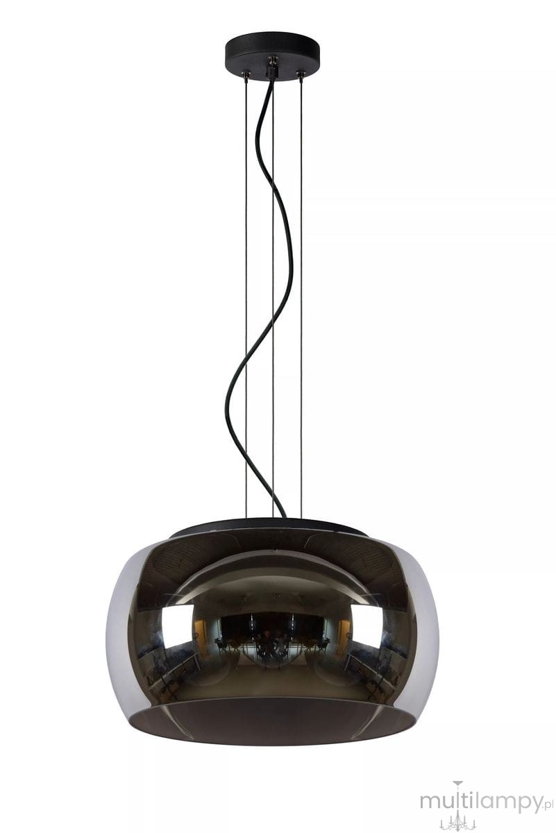 Czarna lampa wisząca Olivia D40 z trzema punktami świetlnymi, o okrągłym kształcie i połyskującej powierzchni. Zawieszona na trzech cienkich linkach z czarnym sufitem, w minimalistycznym stylu. Idealna do nowoczesnych wnętrz.
