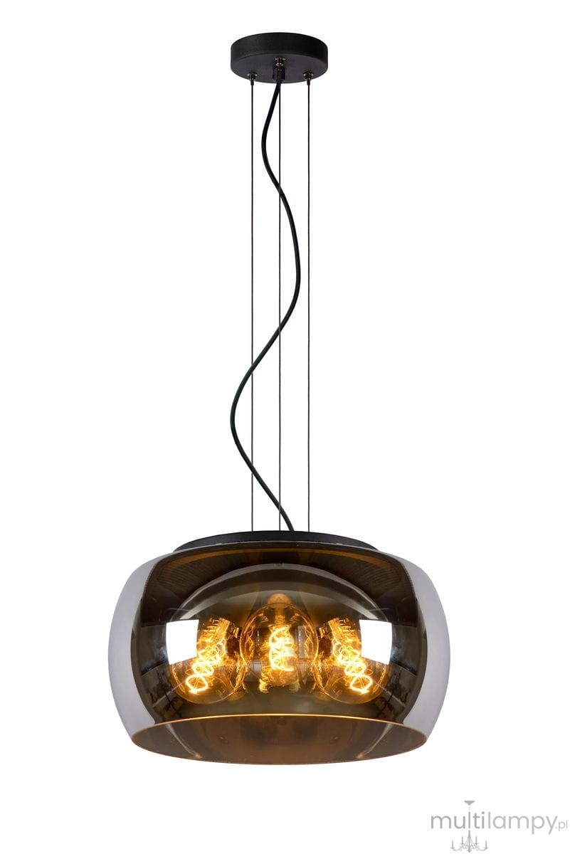 Lampa wisząca Olivia D40, 3-punktowa, w kolorze czarnym. Okrągły klosz z przezroczystego materiału, z widocznymi trzema żarówkami. Zawieszona na trzech cienkich linkach, z górnym mocowaniem w kolorze czarnym, w stylu nowoczesnym.