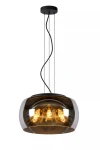 Lampa wisząca Olivia D40, 3-punktowa, w kolorze czarnym. Okrągły klosz z przezroczystego materiału, z widocznymi trzema żarówkami. Zawieszona na trzech cienkich linkach, z górnym mocowaniem w kolorze czarnym, w stylu nowoczesnym.