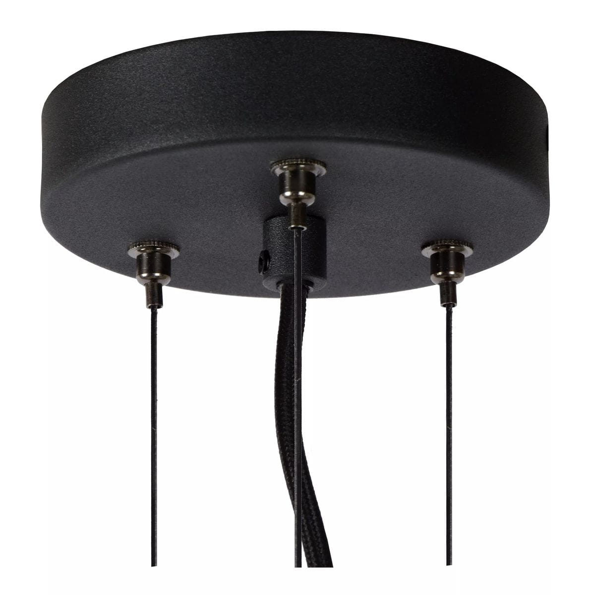 Czarna lampa wisząca Olivia D50 z trzema punktami świetlnymi. Ujęcie z dołu, pokazujące okrągłą, matową podstawę z trzema kabelkami. Widoczne metalowe mocowania. Idealna do nowoczesnych wnętrz.