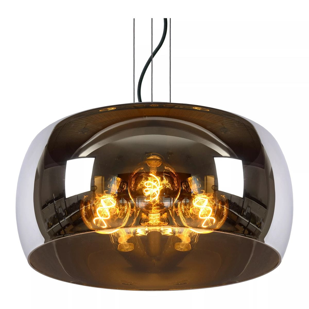 Lampa wisząca Olivia D50, 3-punktowa, w kolorze czarnym z metaliczną, połyskującą powierzchnią. Okrągły klosz z przezroczystym, brązowym wykończeniem, widoczne trzy żarówki w środku. Zawieszona na cienkich przewodach, idealna do nowoczesnych wnętrz.