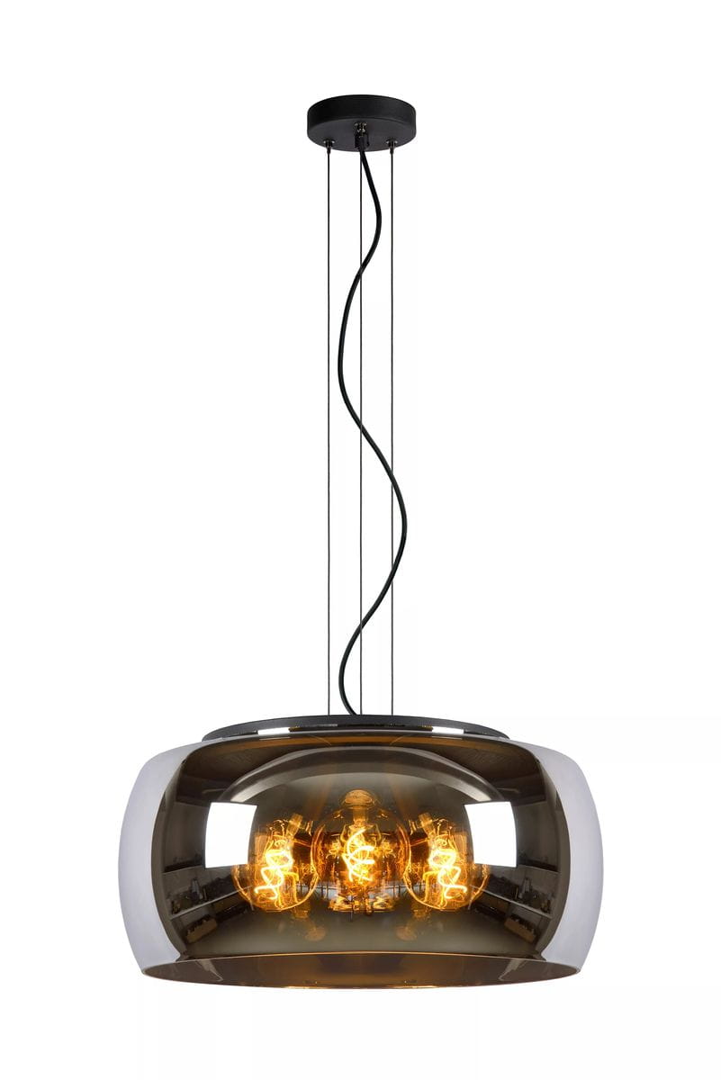 Czarna lampa wisząca Olivia D50 z trzema punktami świetlnymi, o okrągłej, szklanej obudowie w kolorze dymionym. Zawieszona na czarnych przewodach, z okrągłym mocowaniem sufitowym. Idealna do nowoczesnych wnętrz.