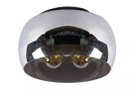 Czarna lampa sufitowa 3-punktowa Olivia, z metalowym kloszem o błyszczącej powierzchni. Widoczny jest kształt okrągły, z trzema żarówkami. Ujęcie z dołu, ukazujące detale konstrukcji i refleksy. Idealna do nowoczesnych wnętrz.