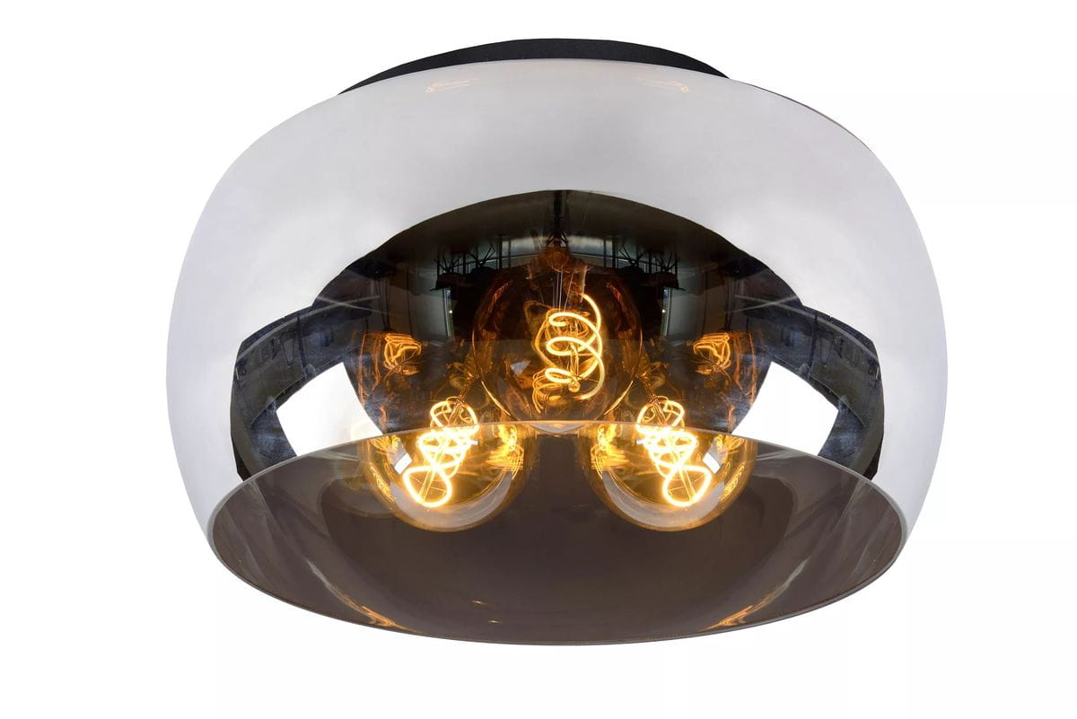 Czarna lampa sufitowa Olivia 3-punktowa z metalowym kloszem w kształcie kopuły. Widać trzy żarówki z widocznymi spiralnymi włóknami, zamontowane na płaskim, okrągłym stelażu. Lampa prezentuje nowoczesny design, idealna do różnych wnętrz.