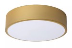 Matowy złoty plafon LED Unar D20 w kształcie okrągłym, z białym, płaskim kloszem. Ujęcie z dołu, produkt zamontowany na suficie. Prosty design, idealny do nowoczesnych wnętrz.