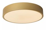 Plafon LED Unar D30 w matowym złotym kolorze, okrągły kształt, z białą, półprzezroczystą osłoną. Produkt widoczny z boku, zamontowany na suficie. Idealny do nowoczesnych wnętrz.