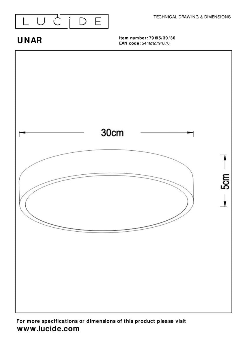 Plafon LED Unar D30 w kolorze czarnym, o średnicy 30 cm i wysokości 5 cm. Produkt ma okrągły kształt i minimalistyczny design, idealny do nowoczesnych wnętrz. Widok z góry, ukazujący jego prostą formę.