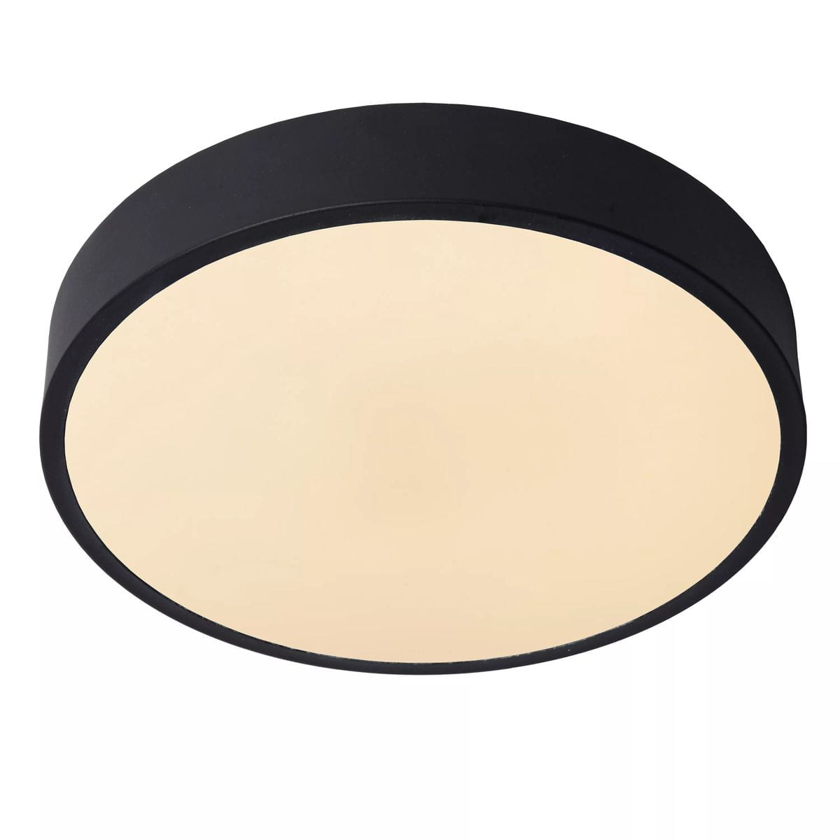 Czarny plafon LED Unar D30 o okrągłym kształcie, z matową, jasną kloszową powierzchnią. Zawieszony w górnej pozycji, prezentuje minimalistyczny design, idealny do nowoczesnych wnętrz.
