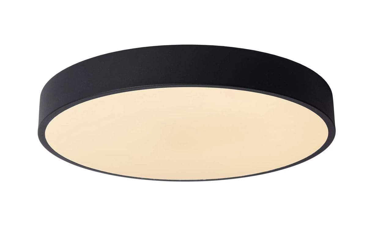 Czarny plafon LED Unar D40 o okrągłym kształcie, z matowym wykończeniem i białą, półprzezroczystą osłoną. Produkt zamontowany na suficie, widoczny z boku, bez dekoracji, idealny do nowoczesnych wnętrz.
