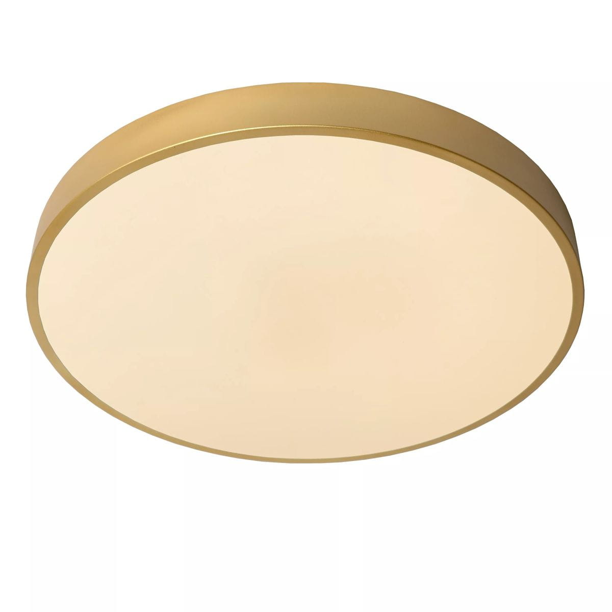 Matowy złoty plafon LED Unar D50 o okrągłym kształcie i średnicy 50 cm. Posiada delikatną, mleczną osłonę, emitującą miękkie światło. Zawieszony pod kątem, idealny do nowoczesnych wnętrz.