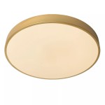 Matowy złoty plafon LED Unar D50 o okrągłym kształcie i średnicy 50 cm. Posiada delikatną, mleczną osłonę, emitującą miękkie światło. Zawieszony pod kątem, idealny do nowoczesnych wnętrz.