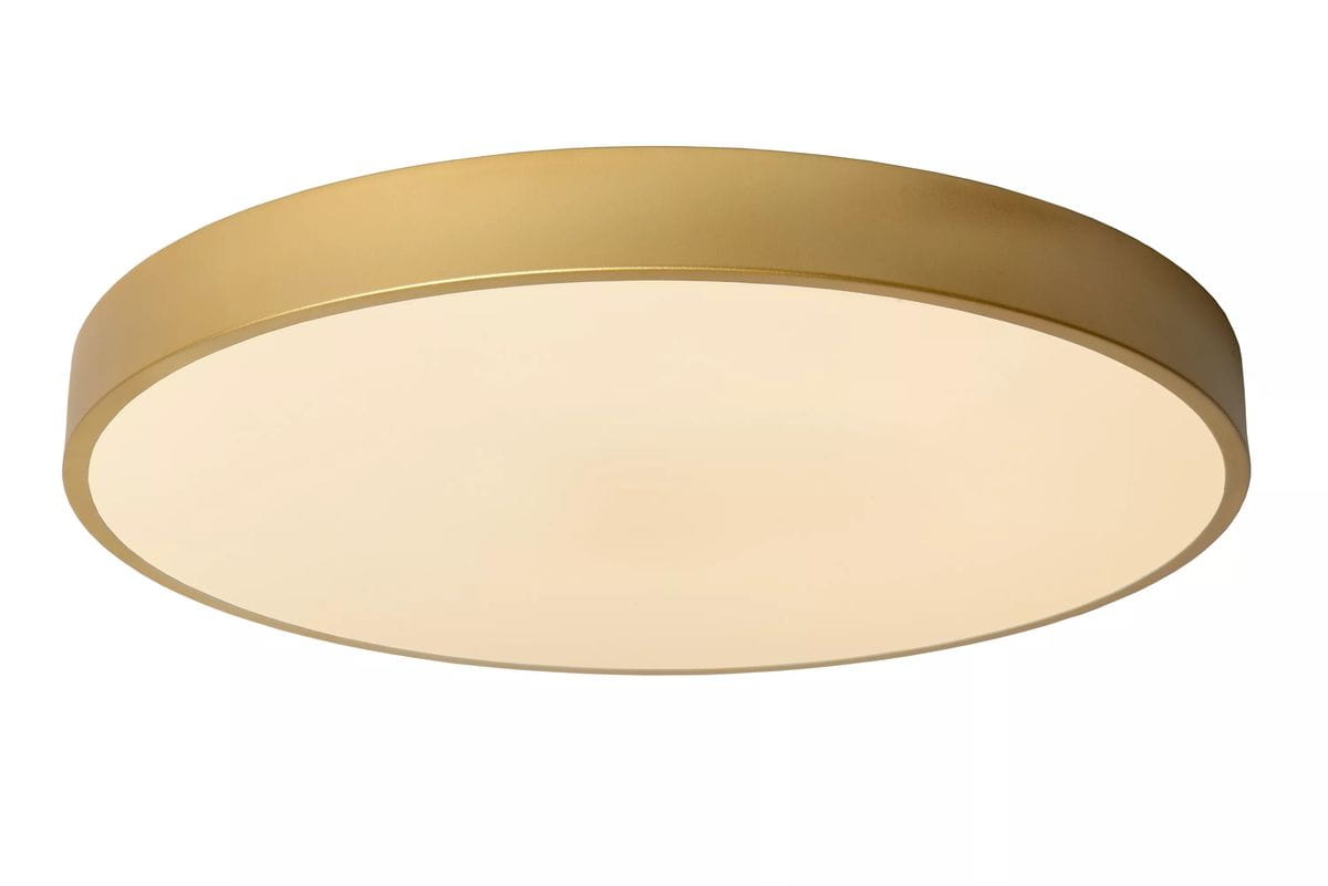 Plafon Unar D50 LED w kolorze matowego złota/mosiądzu, o okrągłym kształcie i gładkiej powierzchni. Produkt widoczny z góry, z delikatnym, mlecznym kloszem, który rozprasza światło. Idealny do nowoczesnych wnętrz.