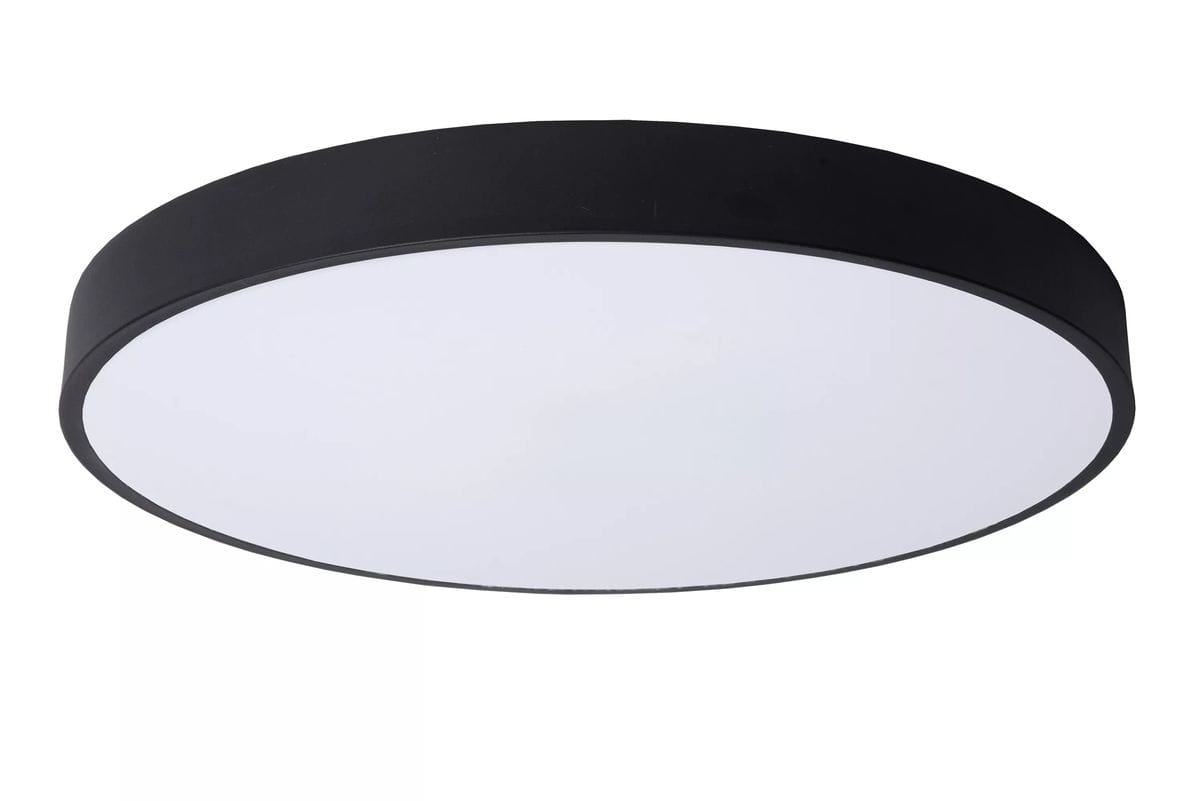 Czarny plafon LED Unar D50 o okrągłym kształcie, z białą, matową powierzchnią. Ujęcie z boku, ukazujące subtelny profil lampy. Idealny do nowoczesnych wnętrz, montowany sufitowo.