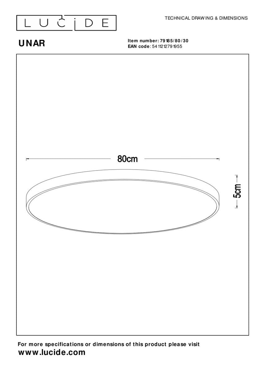 Plafon LED Unar D80 w kolorze czarnym, o okrągłym kształcie, średnica 80 cm, wysokość 5 cm. Prosty, minimalistyczny design bez dekoracji, idealny do nowoczesnych wnętrz. Wymiary widoczne na rysunku technicznym.