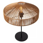 Lampa stołowa Yunkai 1-punktowa z czarną podstawą i kloszem z jasnego drewna, o okrągłym kształcie z widocznymi przelotami. Klosz z cienkich, teksturowanych włókien, odsłania źródło światła w centralnej części. Ujęcie z góry.