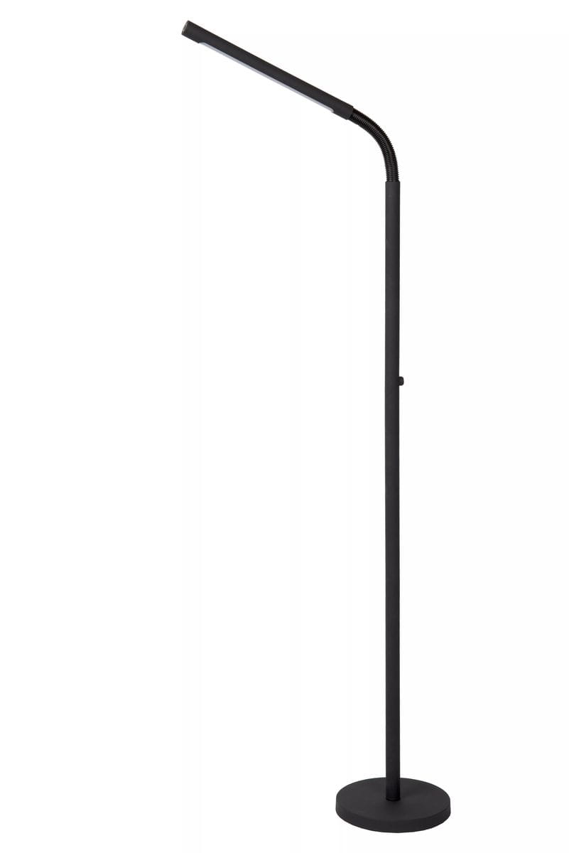 Czarna lampa podłogowa Gilly z jednopunktowym źródłem światła, z regulowanym ramieniem. Prosta, smukła konstrukcja z okrągłą podstawą, stojąca w pozycji pionowej. Wykonana z metalu, idealna do nowoczesnych wnętrz.