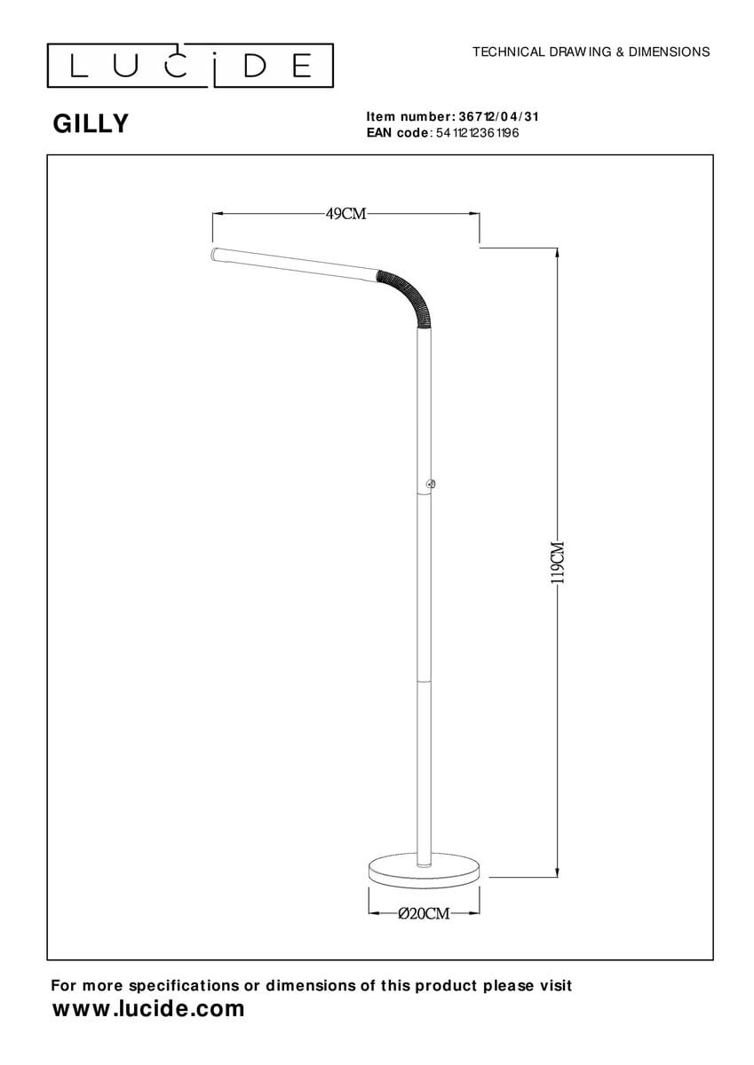 Biała lampa podłogowa Gilly, ściemnialna, z prostą, metalową konstrukcją. Ujęcie frontalne, wysokość 119 cm, średnica podstawy 20 cm, z giętym kloszem o długości 49 cm. Idealna do nowoczesnych wnętrz.