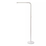 Biała lampa podłogowa Gilly z ściemniaczem, o prostym, nowoczesnym designie. Posiada cienką, giętką rurę oraz okrągłą podstawę. Ujęcie frontalne, produkt stoi na płaskiej powierzchni.