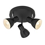 Czarna lampa sufitowa (spot) Riado z trzema punktami świetlnymi. Reflektory w kształcie stożków, zamontowane na okrągłej podstawie. Dwa reflektory skierowane w dół, jeden w bok. Matowe wykończenie z elementami chromowanymi.