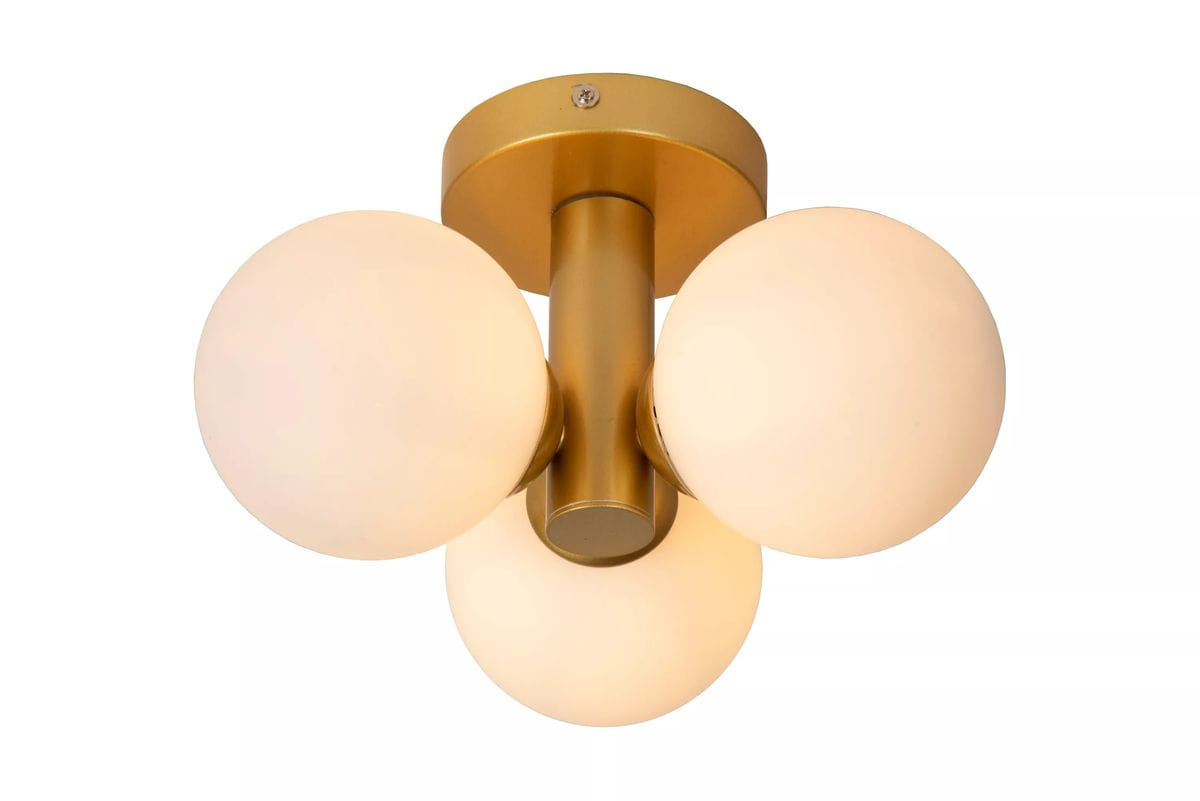 Lampa sufitowa 3-punktowa Trudy w kolorze złotym. Posiada trzy okrągłe klosze z matowego szkła, zamontowane na centralnym elemencie. Ujęcie frontalne, pokazujące szczegóły konstrukcji i kształt kloszy.