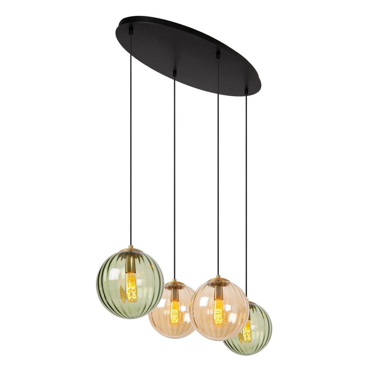 Lampa wisząca Monsaraz 4-punktowa, czarna z okrągłymi kloszami w kolorze zielonym i pomarańczowym. Wisi na czarnych linkach z owalnym, czarnym stelażem. Klosze mają teksturowaną powierzchnię, co nadaje elegancki wygląd.