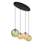 Lampa wisząca Monsaraz 4-punktowa, czarna z okrągłymi kloszami w kolorze zielonym i pomarańczowym. Wisi na czarnych linkach z owalnym, czarnym stelażem. Klosze mają teksturowaną powierzchnię, co nadaje elegancki wygląd.