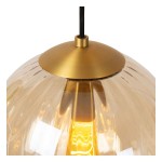 Lampa wisząca Monsaraz 4-punktowa w kolorze czarnym i multikolorowym. Szklany klosz w odcieniu bursztynowym z falowanym wzorem, metalowy złoty detal u góry, czarny przewód. Idealna do nowoczesnych wnętrz.