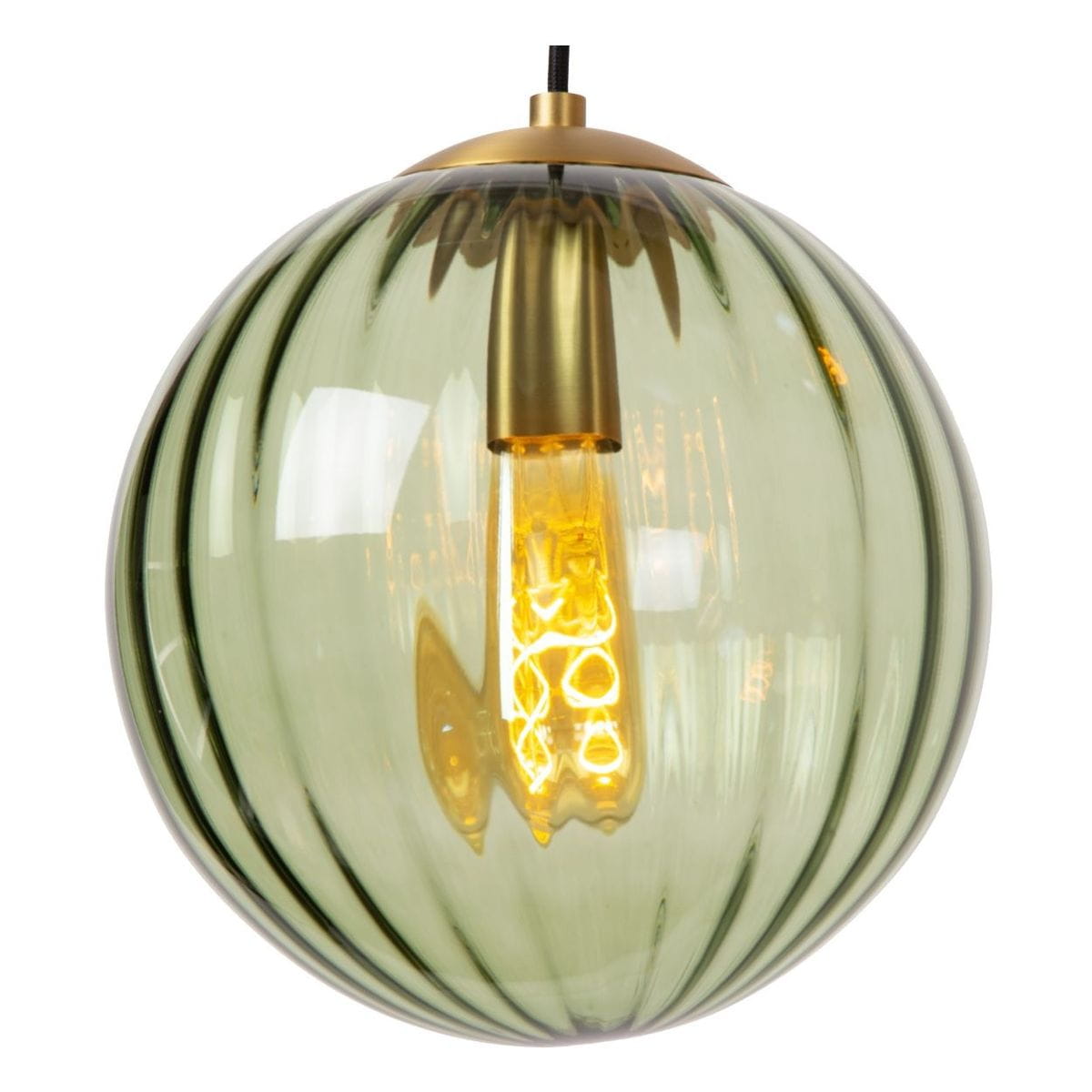 Lampa wisząca Monsaraz 4-punktowa w kolorze czarnym i multikolorowym z przezroczystym, szklanym kloszem w kształcie kuli. Widoczny złoty element mocujący oraz żarówka wewnętrzna, zawieszona na czarnym przewodzie.